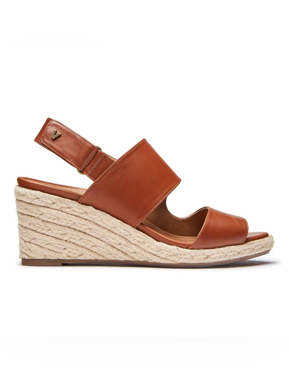 Vionic Brooke Wedge Sandals Cognac Leather Espadrille US 9